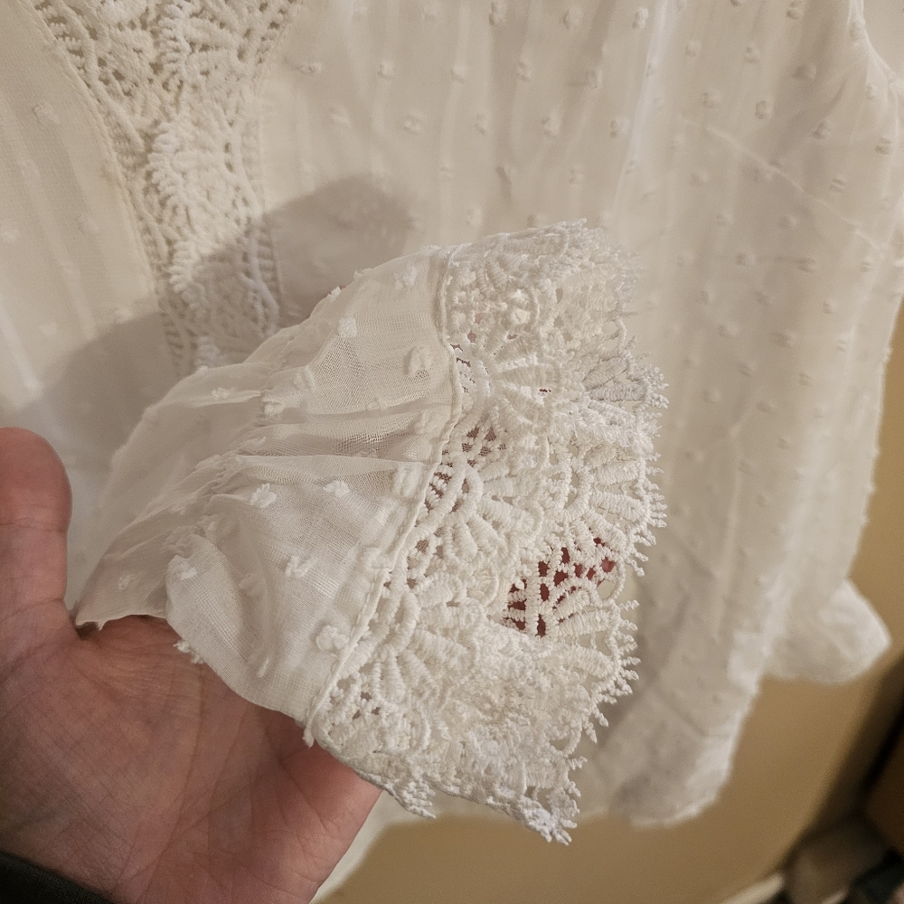 White Lace Swiss Dot Cottagecore Medium Blouse - Picture 2 of 7